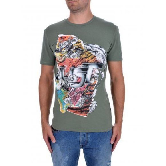 JUST CAVALLI Collage LOGO Print T-Shirt Cotton / Elastane OLIVE GREEN ( M ) - Picture 1 of 1